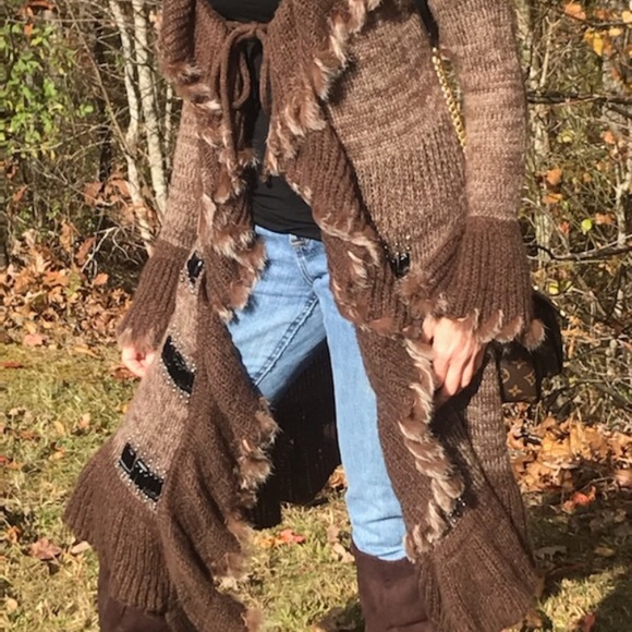 Long Sweater Cover-up Faux Fur Leather &  beads - Picture 3 of 14